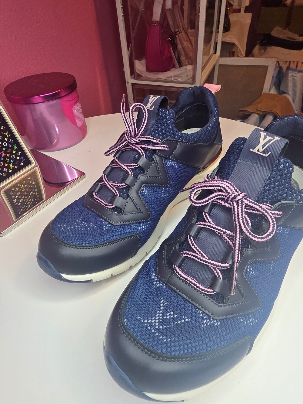 EUC Louis Vuitton Blue/Pink Monogram Lace-Up Tennis Shoes!